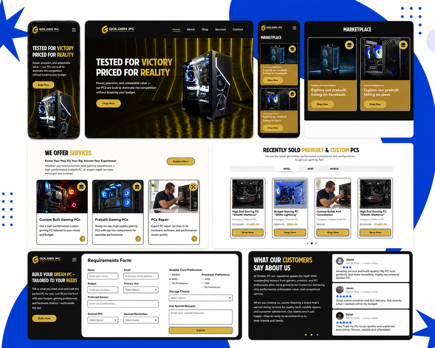 Golden PC gaming computer store UI/UX design