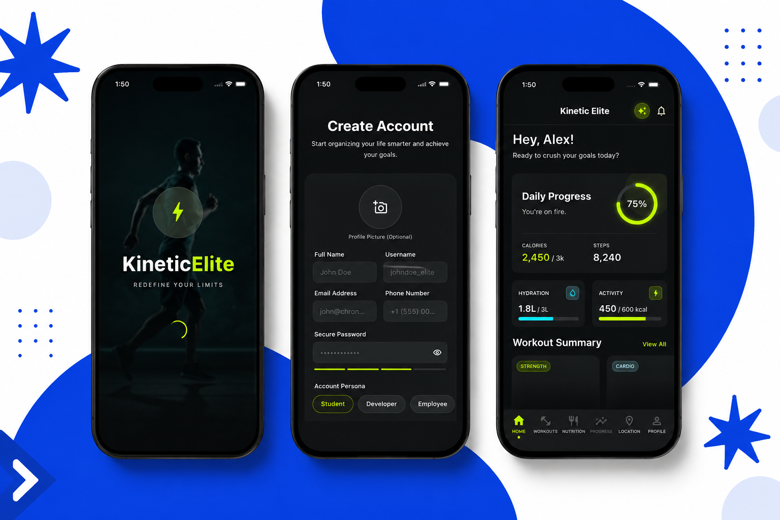 Kinetic Elite fitness and wellness mobile app UI design